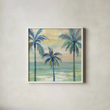 Marine Layer Palms Crop by Silvia Vassileva. Shown in a crisp white glass frame for a clean and minimalist style. Available as an archival giclee rolled canvas, fine art paper, or poster print. SKU 35834a.