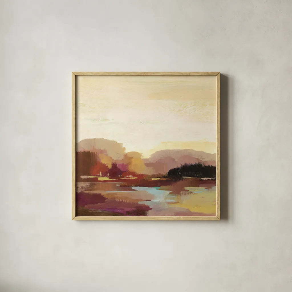 Maroon Landscape by Silvia Vassileva. Shown in a natural wood glass frame for a timeless modern aesthetic. Available as an archival giclee rolled canvas, fine art paper, or poster print. SKU 63905a.