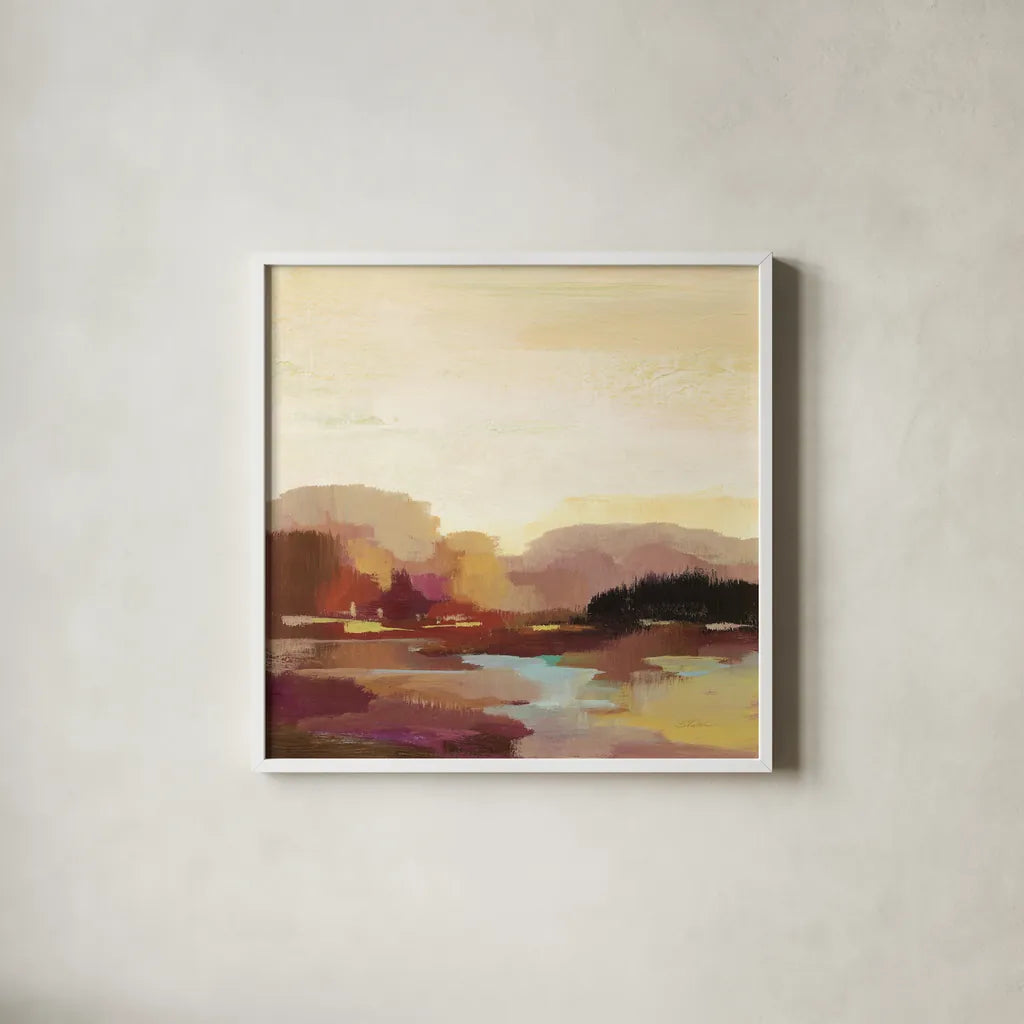 Maroon Landscape by Silvia Vassileva. Shown in a crisp white glass frame for a clean and minimalist style. Available as an archival giclee rolled canvas, fine art paper, or poster print. SKU 63905a.
