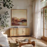 Maroon Landscape by Silvia Vassileva. Shown in a natural wood frame in a cozy modern living room. Available as an archival giclee rolled canvas, fine art paper, or poster print. SKU 63905a.