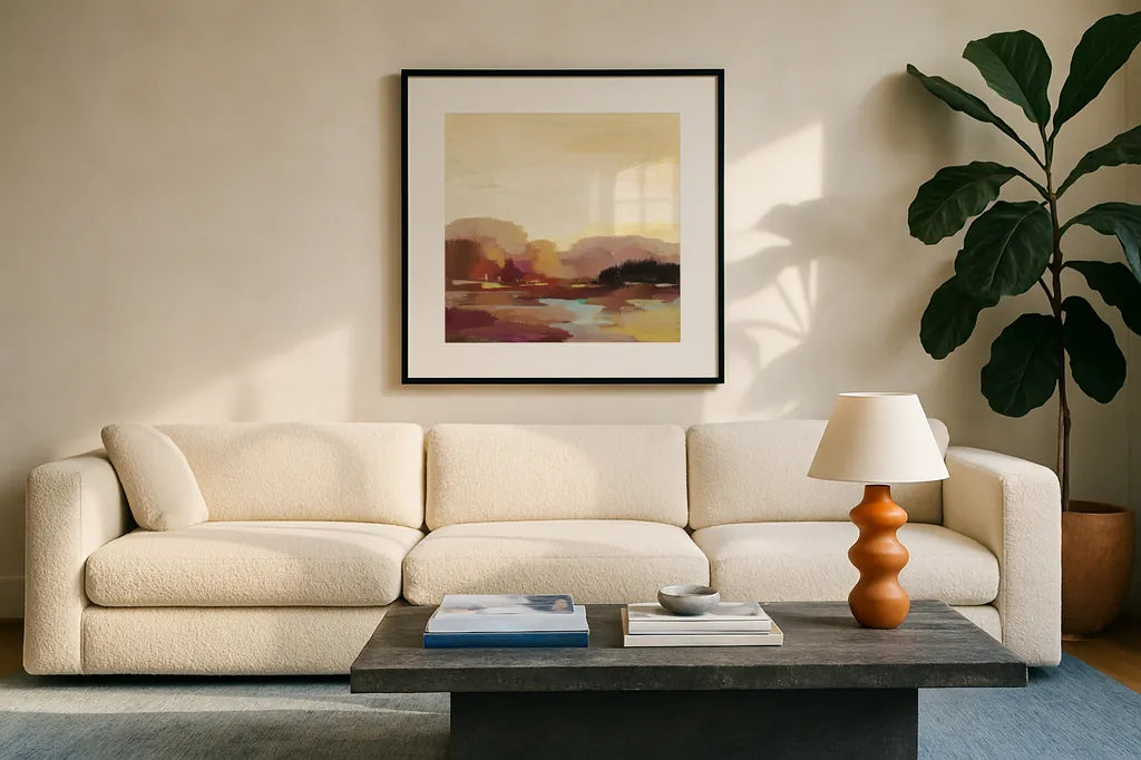 Maroon Landscape by Silvia Vassileva. Displayed in a glass frame with matte in a clean modern living room. Available as an archival giclee rolled canvas, fine art paper, or poster print. SKU 63905a.
