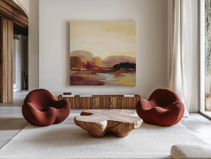 Maroon Landscape by Silvia Vassileva. Shown as extra-large giant wall art in a modern living room. Available as an archival giclee rolled canvas, fine art paper, or poster print. SKU 63905a.