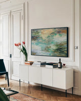 Marsh by Silvia Vassileva. shown as a framed stretched canvas in a living room above a console. Available as a archival giclee rolled canvas, fine art paper, or poster print. SKU 83097i.
