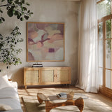 Mauve Facets by Silvia Vassileva. Shown in a natural wood frame in a cozy modern living room. Available as an archival giclee rolled canvas, fine art paper, or poster print. SKU 82439a.