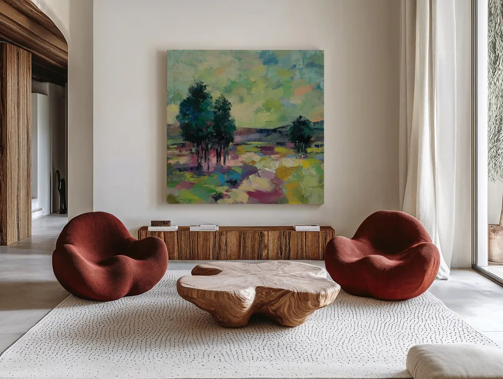 Mauve Fields Crop by Silvia Vassileva. Shown as extra-large giant wall art in a modern living room. Available as an archival giclee rolled canvas, fine art paper, or poster print. SKU 92000a.