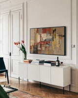Melody for Guitar and Sax by Silvia Vassileva. shown as a framed stretched canvas in a living room above a console. Available as a archival giclee rolled canvas, fine art paper, or poster print. SKU 7954i.