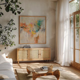 Merry Go Round by Silvia Vassileva. Shown in a natural wood frame in a cozy modern living room. Available as an archival giclee rolled canvas, fine art paper, or poster print. SKU 95128a.