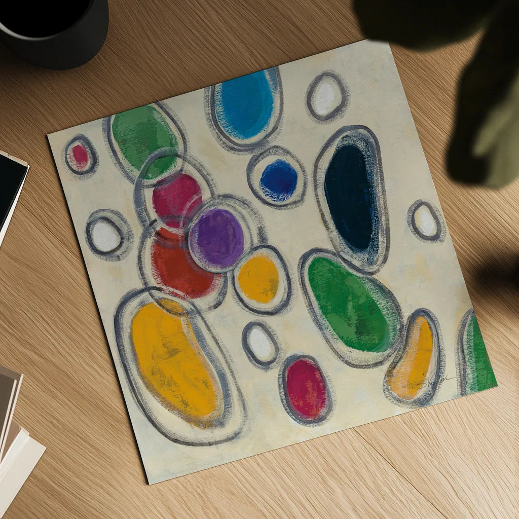 Mid Mod Circles by Silvia Vassileva. Shown as a detailed flat fine art print, highlighting archival giclee quality. Available as an archival giclee rolled canvas, fine art paper, or poster print. SKU 82626a.