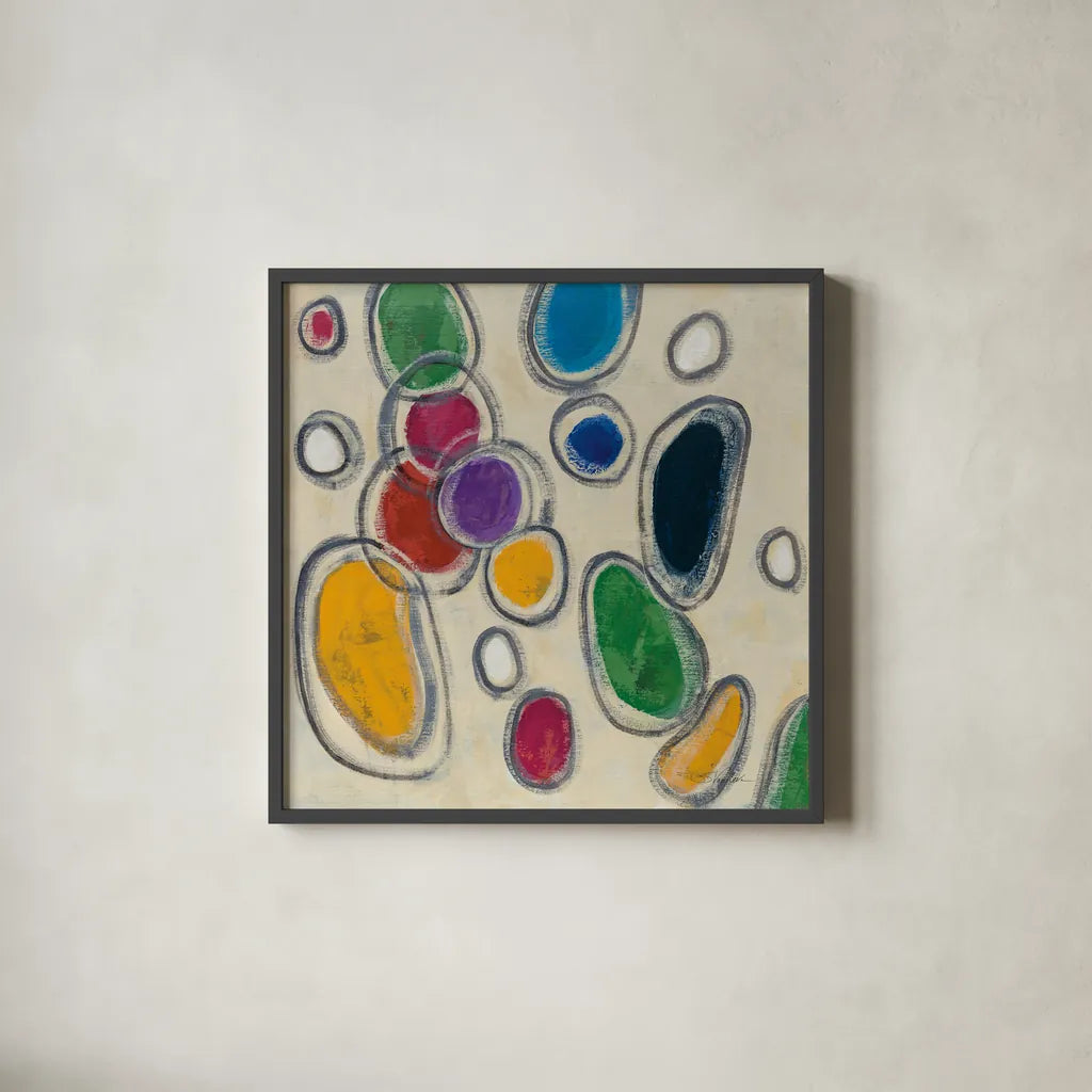 Mid Mod Circles by Silvia Vassileva. Shown in a sleek black glass frame for a contemporary gallery look. Available as an archival giclee rolled canvas, fine art paper, or poster print. SKU 82626a.