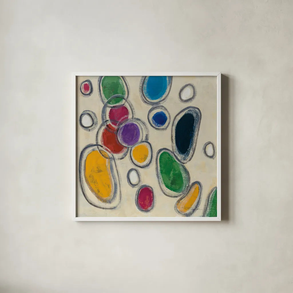 Mid Mod Circles by Silvia Vassileva. Shown in a crisp white glass frame for a clean and minimalist style. Available as an archival giclee rolled canvas, fine art paper, or poster print. SKU 82626a.
