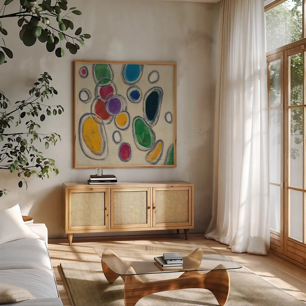 Mid Mod Circles by Silvia Vassileva. Shown in a natural wood frame in a cozy modern living room. Available as an archival giclee rolled canvas, fine art paper, or poster print. SKU 82626a.
