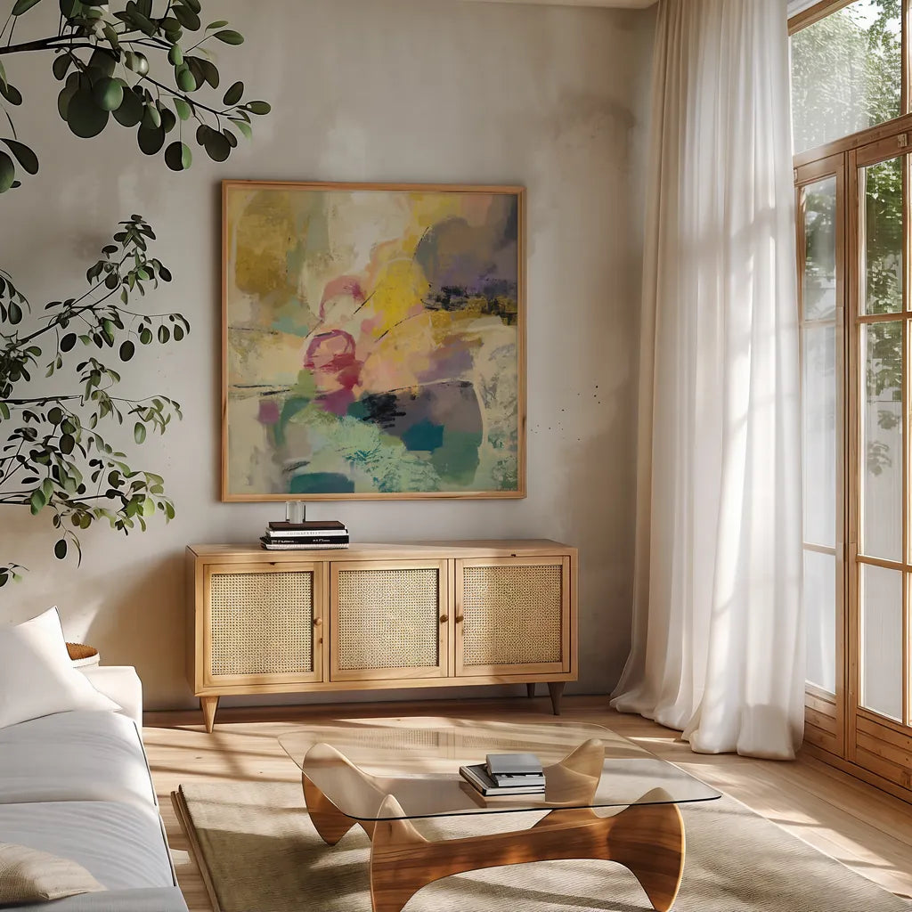 Mid Mod Mood by Silvia Vassileva. Shown in a natural wood frame in a cozy modern living room. Available as an archival giclee rolled canvas, fine art paper, or poster print. SKU 62958a.