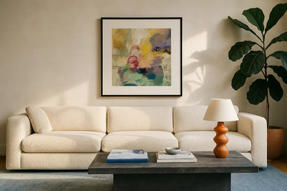 Mid Mod Mood by Silvia Vassileva. Displayed in a glass frame with matte in a clean modern living room. Available as an archival giclee rolled canvas, fine art paper, or poster print. SKU 62958a.