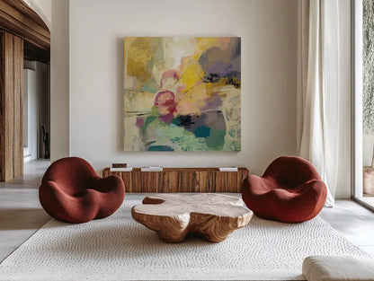 Mid Mod Mood by Silvia Vassileva. Shown as extra-large giant wall art in a modern living room. Available as an archival giclee rolled canvas, fine art paper, or poster print. SKU 62958a.