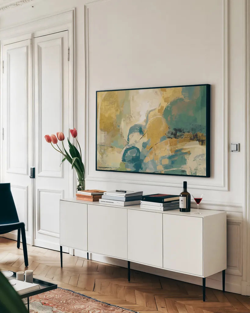 Mid Mod Mood Blue Crop by Silvia Vassileva. shown as a framed stretched canvas in a living room above a console. Available as a archival giclee rolled canvas, fine art paper, or poster print. SKU 65022i.