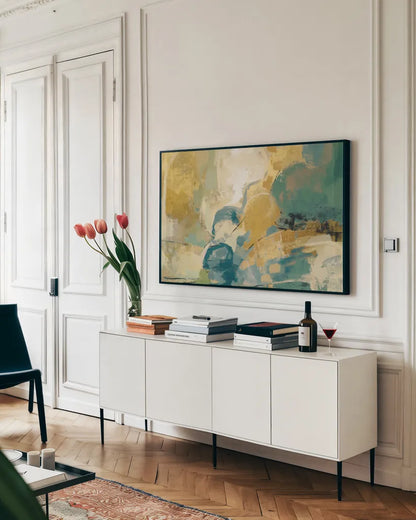 Mid Mod Mood Blue Crop by Silvia Vassileva. shown as a framed stretched canvas in a living room above a console. Available as a archival giclee rolled canvas, fine art paper, or poster print. SKU 65022i.