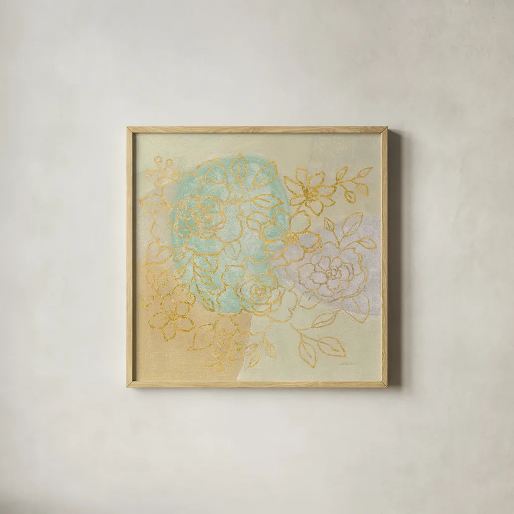 Mid Mod Sophisticated Floral I by Silvia Vassileva. Shown in a natural wood glass frame for a timeless modern aesthetic. Available as an archival giclee rolled canvas, fine art paper, or poster print. SKU 66082a.