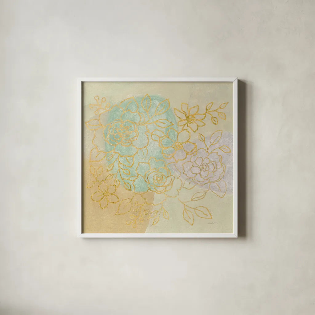 Mid Mod Sophisticated Floral I by Silvia Vassileva. Shown in a crisp white glass frame for a clean and minimalist style. Available as an archival giclee rolled canvas, fine art paper, or poster print. SKU 66082a.