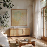 Mid Mod Sophisticated Floral I by Silvia Vassileva. Shown in a natural wood frame in a cozy modern living room. Available as an archival giclee rolled canvas, fine art paper, or poster print. SKU 66082a.