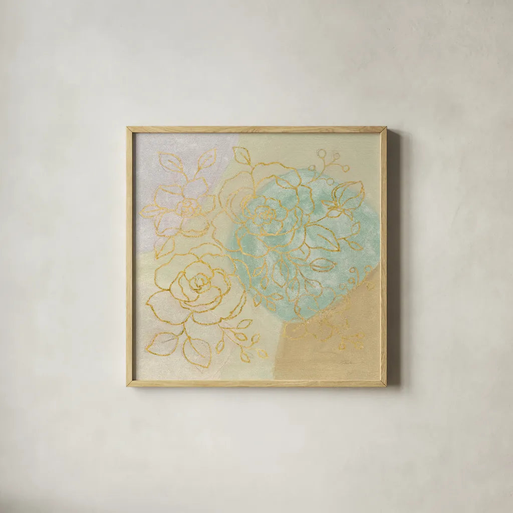 Mid Mod Sophisticated Floral II by Silvia Vassileva. Shown in a natural wood glass frame for a timeless modern aesthetic. Available as an archival giclee rolled canvas, fine art paper, or poster print. SKU 66083a.