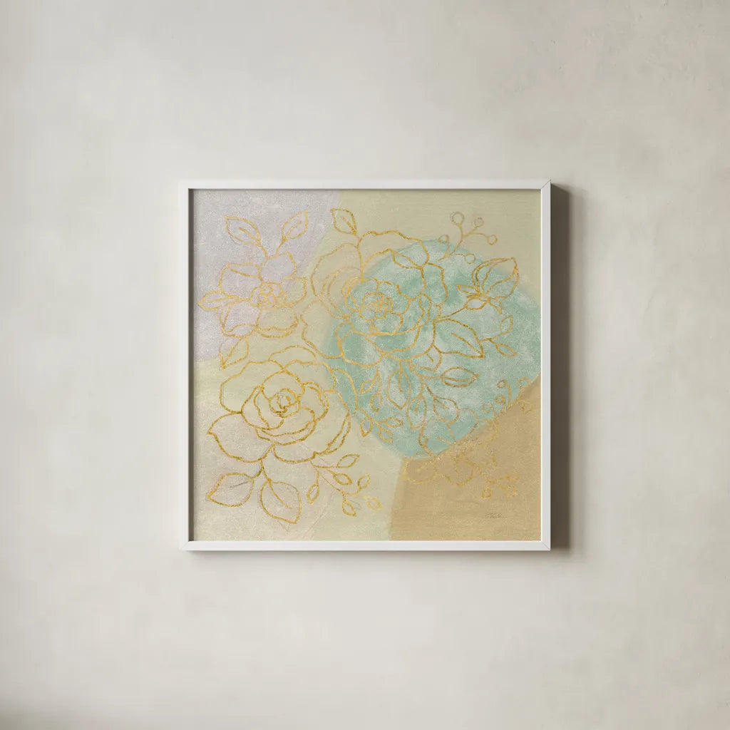 Mid Mod Sophisticated Floral II by Silvia Vassileva. Shown in a crisp white glass frame for a clean and minimalist style. Available as an archival giclee rolled canvas, fine art paper, or poster print. SKU 66083a.