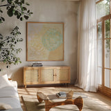 Mid Mod Sophisticated Floral II by Silvia Vassileva. Shown in a natural wood frame in a cozy modern living room. Available as an archival giclee rolled canvas, fine art paper, or poster print. SKU 66083a.
