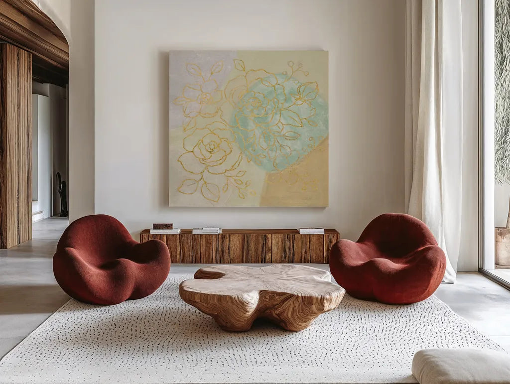 Mid Mod Sophisticated Floral II by Silvia Vassileva. Shown as extra-large giant wall art in a modern living room. Available as an archival giclee rolled canvas, fine art paper, or poster print. SKU 66083a.