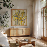 Mid Mod Yellow by Silvia Vassileva. Shown in a natural wood frame in a cozy modern living room. Available as an archival giclee rolled canvas, fine art paper, or poster print. SKU 69154a.
