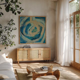 Mid Modern Tile I by Silvia Vassileva. Shown in a natural wood frame in a cozy modern living room. Available as an archival giclee rolled canvas, fine art paper, or poster print. SKU 66072a.