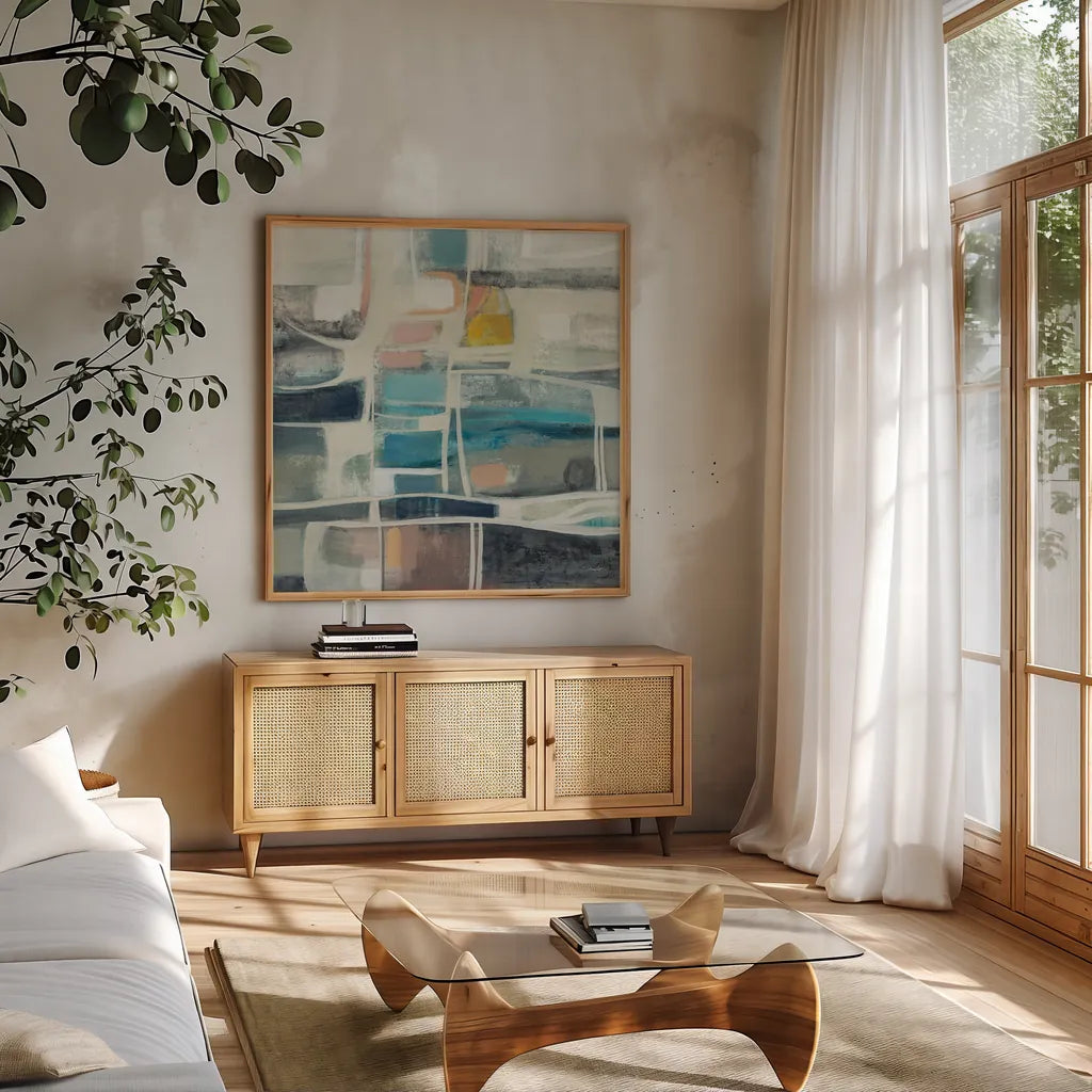 Mid Modern Vintage by Silvia Vassileva. Shown in a natural wood frame in a cozy modern living room. Available as an archival giclee rolled canvas, fine art paper, or poster print. SKU 86940a.