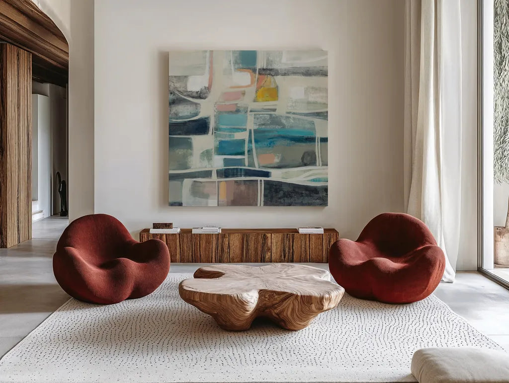 Mid Modern Vintage by Silvia Vassileva. Shown as extra-large giant wall art in a modern living room. Available as an archival giclee rolled canvas, fine art paper, or poster print. SKU 86940a.