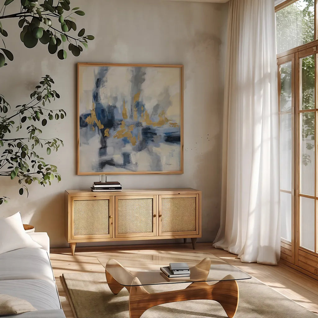 Midnight Embrace by Silvia Vassileva. Shown in a natural wood frame in a cozy modern living room. Available as an archival giclee rolled canvas, fine art paper, or poster print. SKU 73890a.