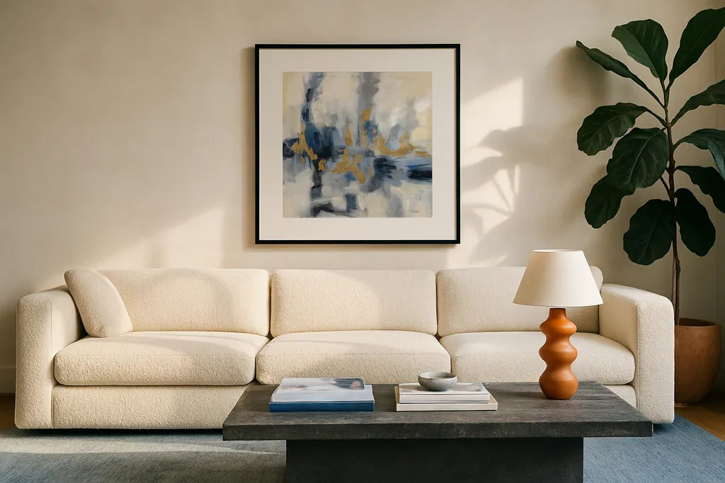 Midnight Embrace by Silvia Vassileva. Displayed in a glass frame with matte in a clean modern living room. Available as an archival giclee rolled canvas, fine art paper, or poster print. SKU 73890a.