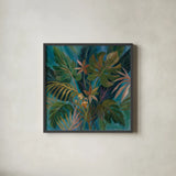 Midnight Tropical Leaves by Silvia Vassileva. Shown in a sleek black glass frame for a contemporary gallery look. Available as an archival giclee rolled canvas, fine art paper, or poster print. SKU 67913a.