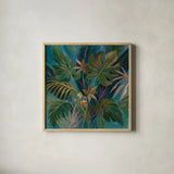 Midnight Tropical Leaves by Silvia Vassileva. Shown in a natural wood glass frame for a timeless modern aesthetic. Available as an archival giclee rolled canvas, fine art paper, or poster print. SKU 67913a.