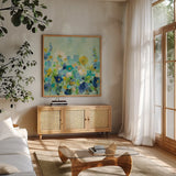 Midsummer Garden by Silvia Vassileva. Shown in a natural wood frame in a cozy modern living room. Available as an archival giclee rolled canvas, fine art paper, or poster print. SKU 36373a.