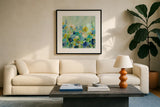 Midsummer Garden by Silvia Vassileva. Displayed in a glass frame with matte in a clean modern living room. Available as an archival giclee rolled canvas, fine art paper, or poster print. SKU 36373a.