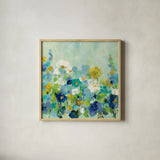 Midsummer Garden White Flowers by Silvia Vassileva. Shown in a natural wood glass frame for a timeless modern aesthetic. Available as an archival giclee rolled canvas, fine art paper, or poster print. SKU 36993a.