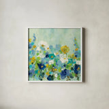 Midsummer Garden White Flowers by Silvia Vassileva. Shown in a crisp white glass frame for a clean and minimalist style. Available as an archival giclee rolled canvas, fine art paper, or poster print. SKU 36993a.