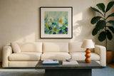 Midsummer Garden White Flowers by Silvia Vassileva. Displayed in a glass frame with matte in a clean modern living room. Available as an archival giclee rolled canvas, fine art paper, or poster print. SKU 36993a.
