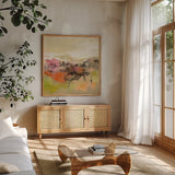 Midsummer Meadow Path by Silvia Vassileva. Shown in a natural wood frame in a cozy modern living room. Available as an archival giclee rolled canvas, fine art paper, or poster print. SKU 65597a.