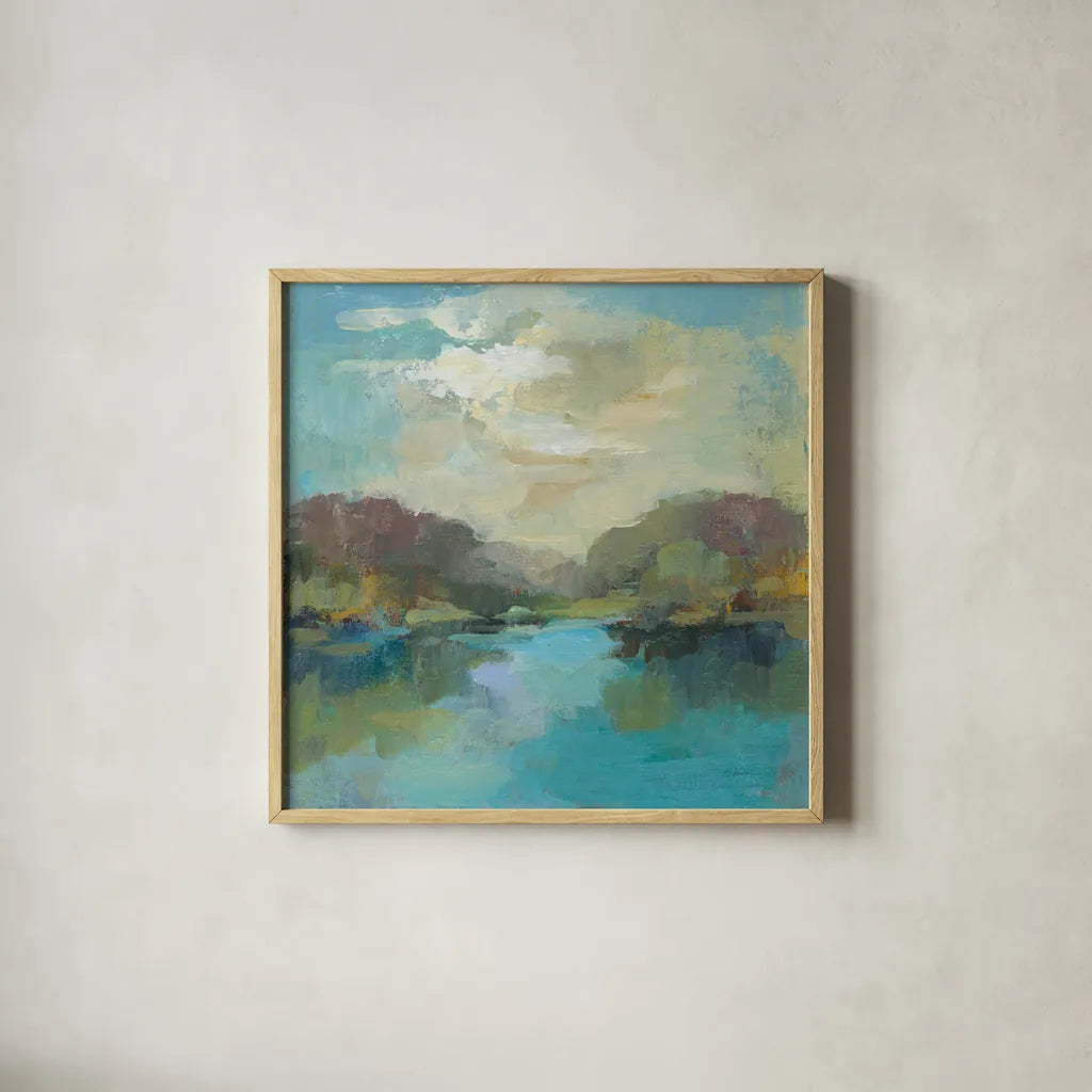 Mini Landscape by Silvia Vassileva. Shown in a natural wood glass frame for a timeless modern aesthetic. Available as an archival giclee rolled canvas, fine art paper, or poster print. SKU 63979a.