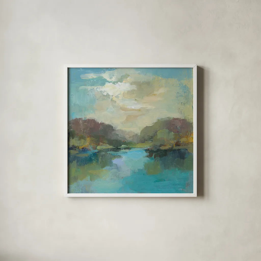 Mini Landscape by Silvia Vassileva. Shown in a crisp white glass frame for a clean and minimalist style. Available as an archival giclee rolled canvas, fine art paper, or poster print. SKU 63979a.