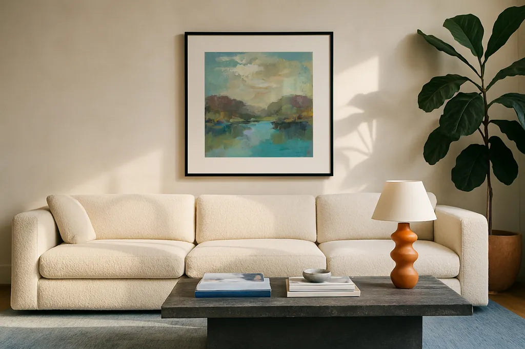 Mini Landscape by Silvia Vassileva. Displayed in a glass frame with matte in a clean modern living room. Available as an archival giclee rolled canvas, fine art paper, or poster print. SKU 63979a.