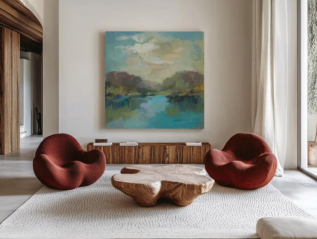 Mini Landscape by Silvia Vassileva. Shown as extra-large giant wall art in a modern living room. Available as an archival giclee rolled canvas, fine art paper, or poster print. SKU 63979a.