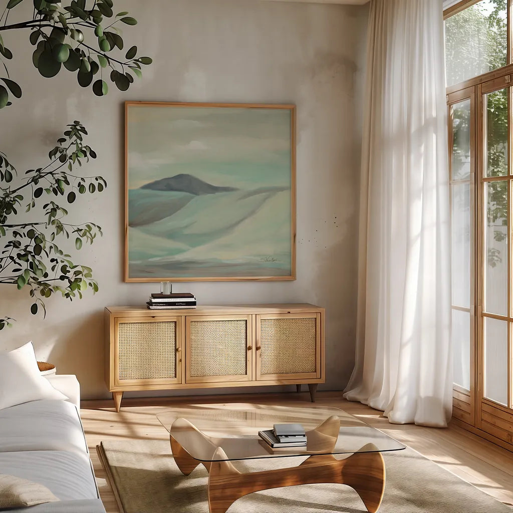 Mint Hills Crop by Silvia Vassileva. Shown in a natural wood frame in a cozy modern living room. Available as an archival giclee rolled canvas, fine art paper, or poster print. SKU 71969a.