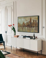 Misty Day In Manhattan by Silvia Vassileva. shown as a framed stretched canvas in a living room above a console. Available as a archival giclee rolled canvas, fine art paper, or poster print. SKU 3403i.
