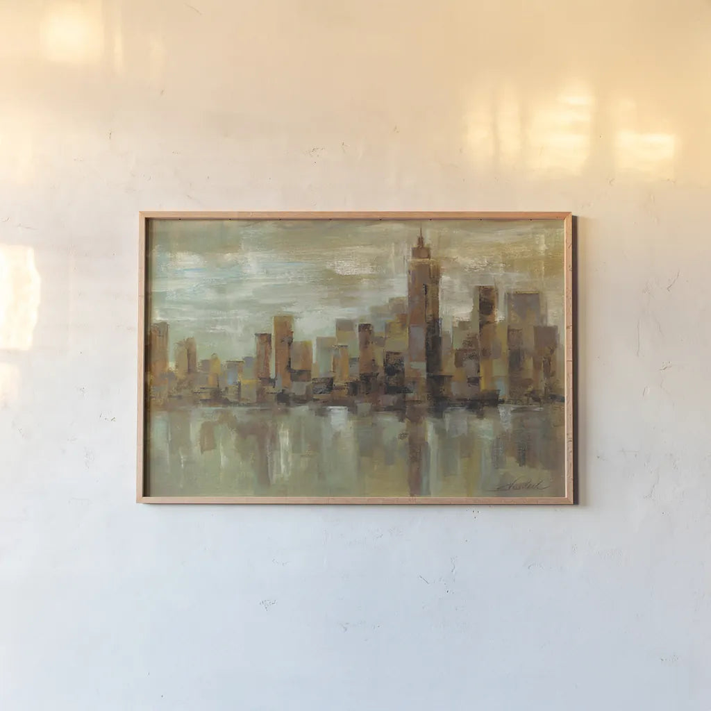 Misty Day In Manhattan by Silvia Vassileva. shown as a paper print in a natural frame. Available as a archival giclee rolled canvas, fine art paper, or poster print. SKU 3403i.