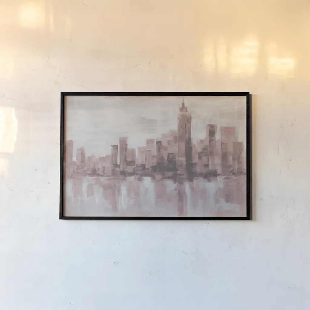Misty Day in Manhattan Pink Gray by Silvia Vassileva. shown as a paper print in a black flame. Available as a archival giclee rolled canvas, fine art paper, or poster print. SKU 47865i.