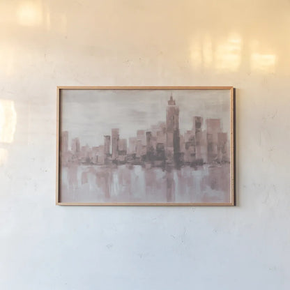 Misty Day in Manhattan Pink Gray by Silvia Vassileva. shown as a paper print in a natural frame. Available as a archival giclee rolled canvas, fine art paper, or poster print. SKU 47865i.